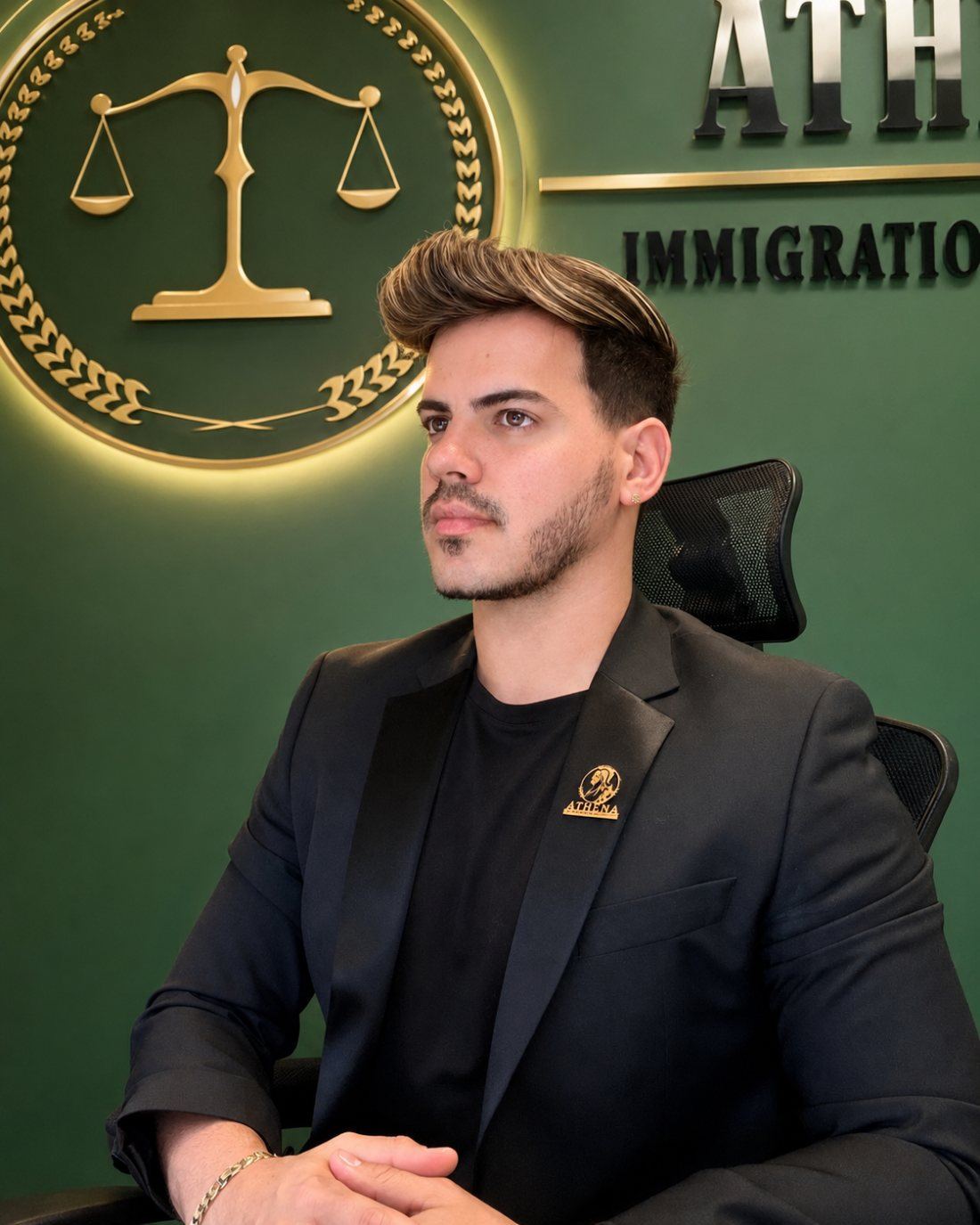 Professional man in dark blazer seated before immigration law office backdrop with scales of justice emblem