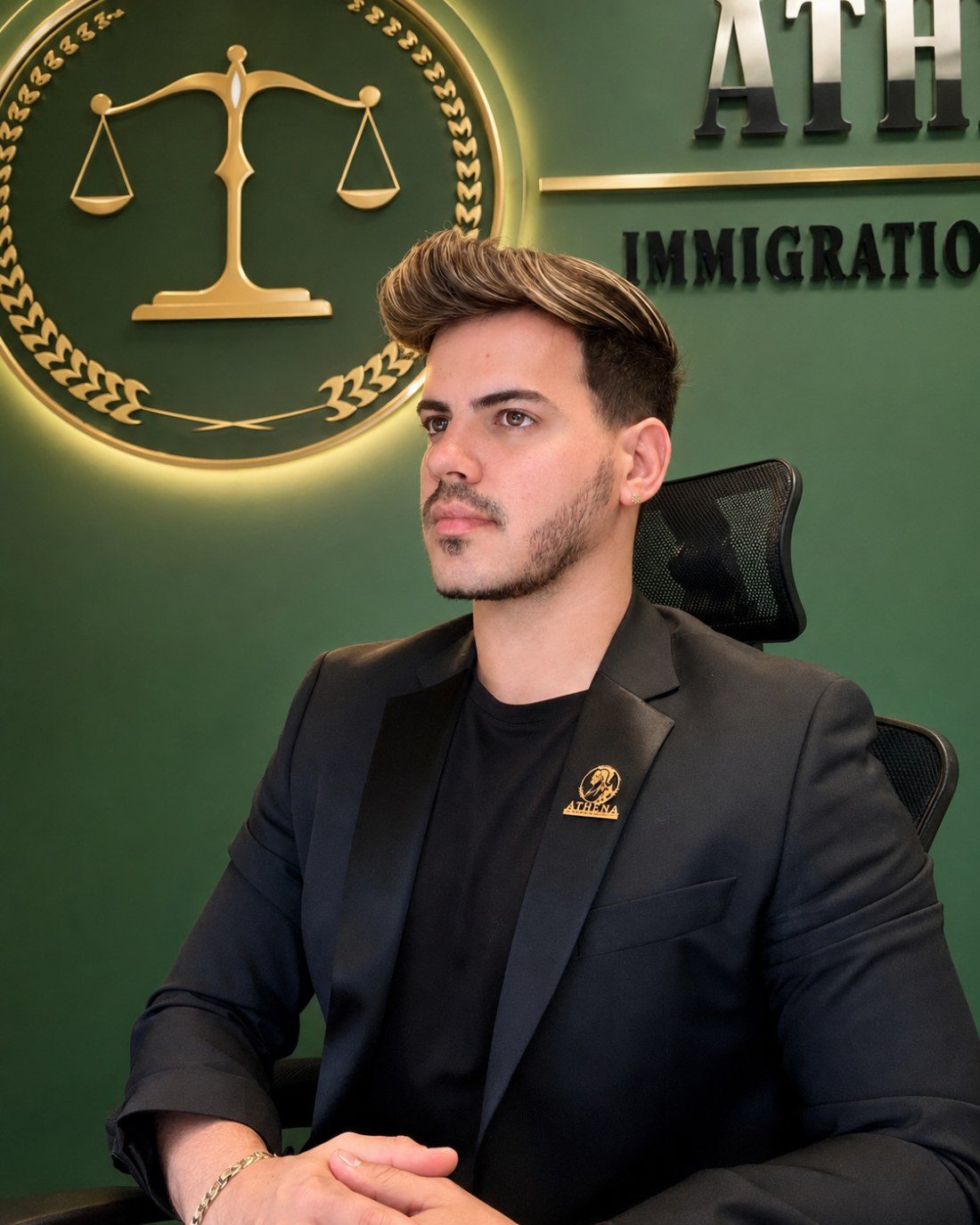Professional man in dark blazer seated at immigration law office with scales of justice logo