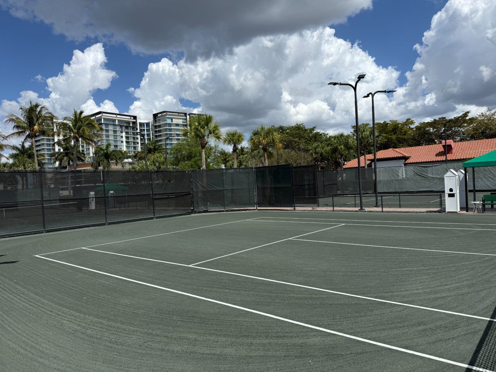 Tennis court with green surface, white line markings, black net fencing, palm trees, and residential building in background