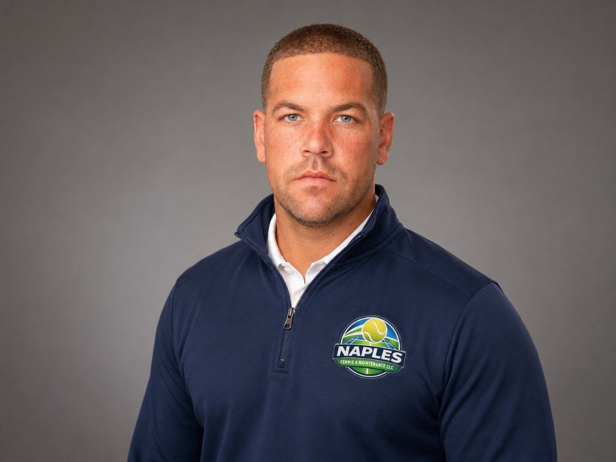 Man wearing navy Naples Tennis & Maintenance polo shirt against gray background