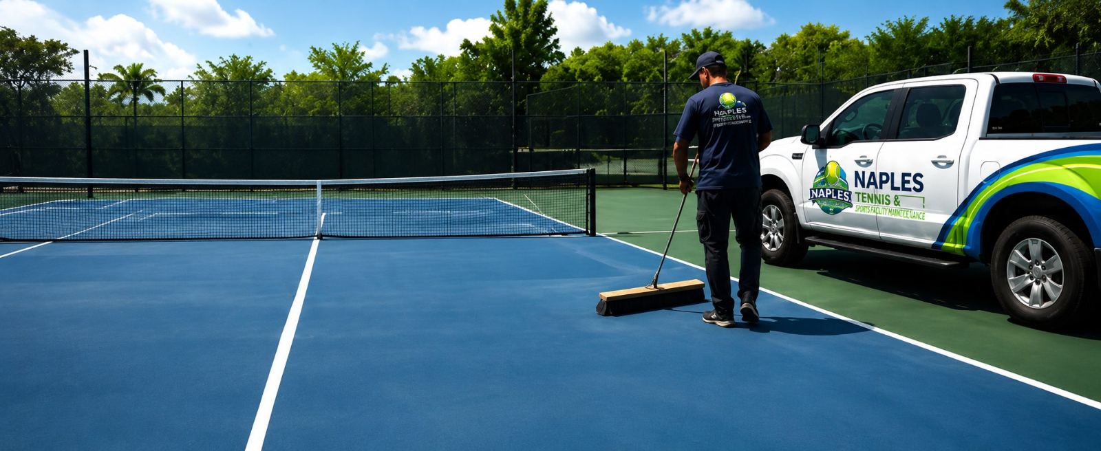 Naples Tennis & Sports Medicine maintenance worker sweeping blue hard court with company van