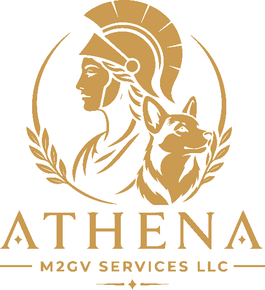 Athena M2GV Services LLC logo featuring a gold warrior goddess with helmet and an owl in classical style