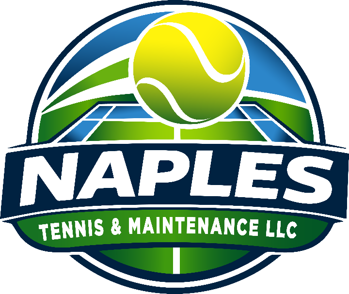 Naples Tennis & Maintenance LLC logo featuring a yellow-green tennis ball above a blue-green court