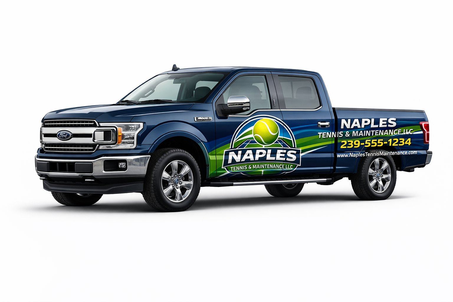 Blue Ford F-150 pickup truck with Naples Tennis & Maintenance LLC wrap and contact information